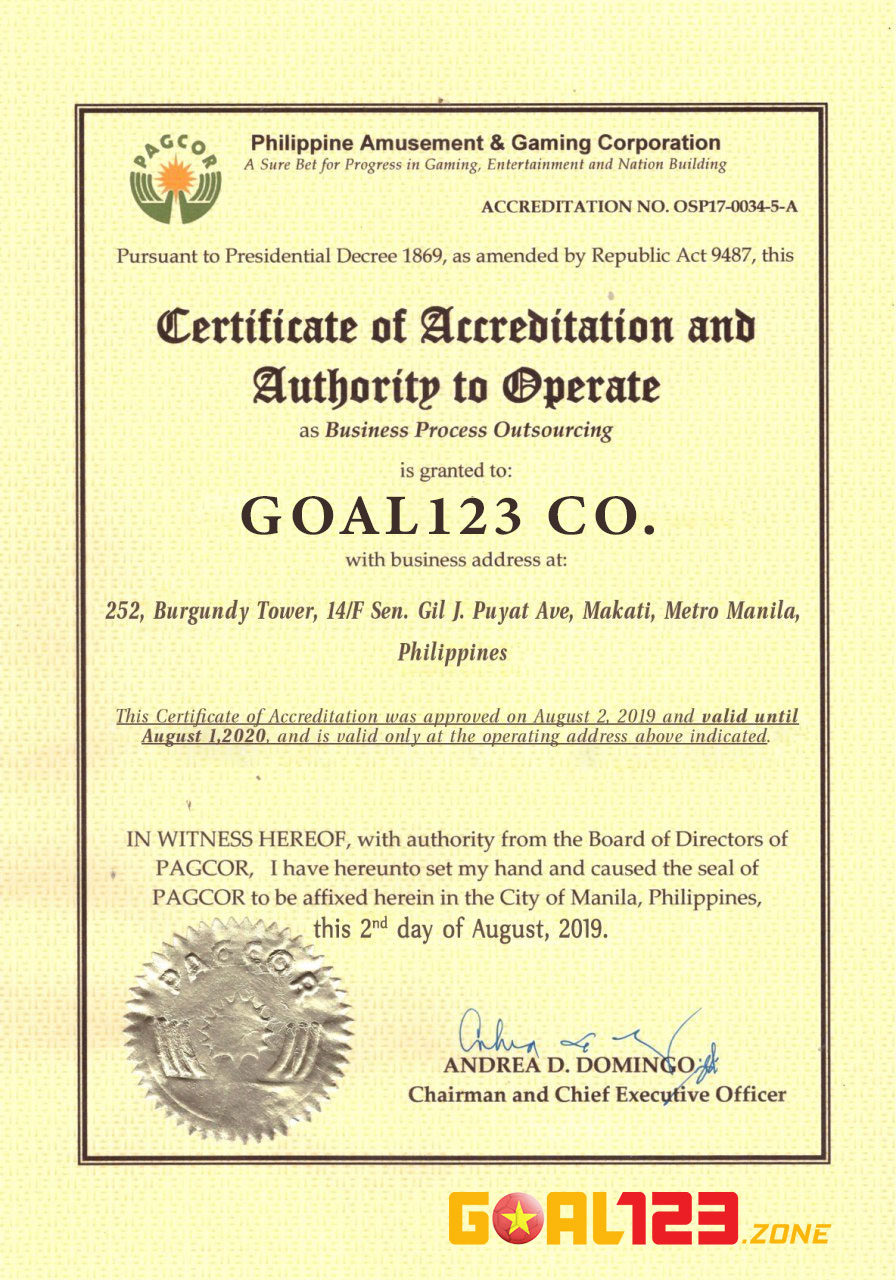 Chứng chỉ pháp lý của Goal123 được PAGCOR cấp phép